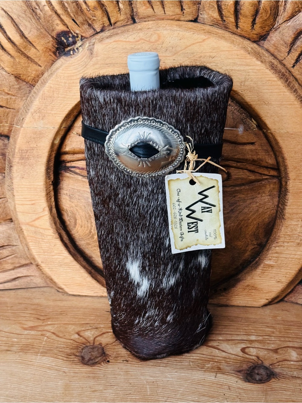 Way Out West Cowhide Wine Bottle Cover Holder Western Concho